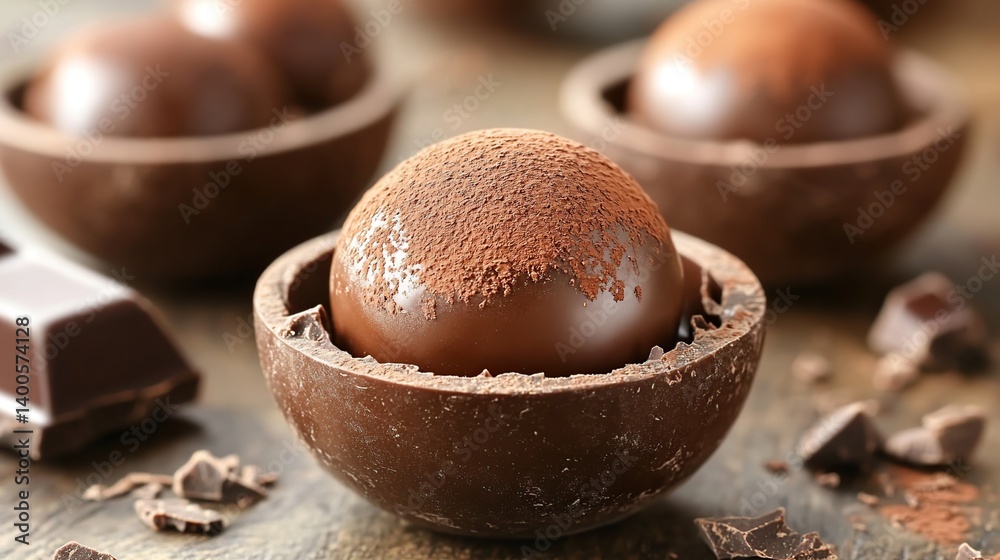 Dark chocolate truffle with smooth cocoa powder dusting, rich dark chocolate ganache filling