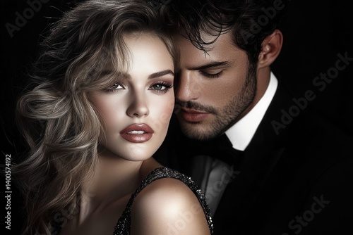 Elegant Glamorous Couple in Classic Hollywood Style Passionate Portrait