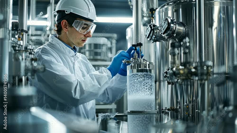 Scientist examining a chemical process in a laboratory setting.