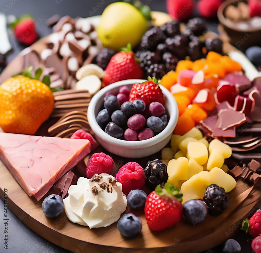 A delicious and colorful charcuterie board with fresh fruit, chocolate, and sweets A delicious and colorful charcuterie board with fresh fruit, chocolate, and sweets