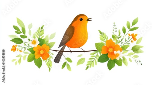 A vibrant illustration of a singing bird perched on a branch surrounded by colorful flowers and lush green leaves.