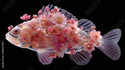 Glass fish sculpture glowing with pink flowers, showcasing beauty and fragility of nature