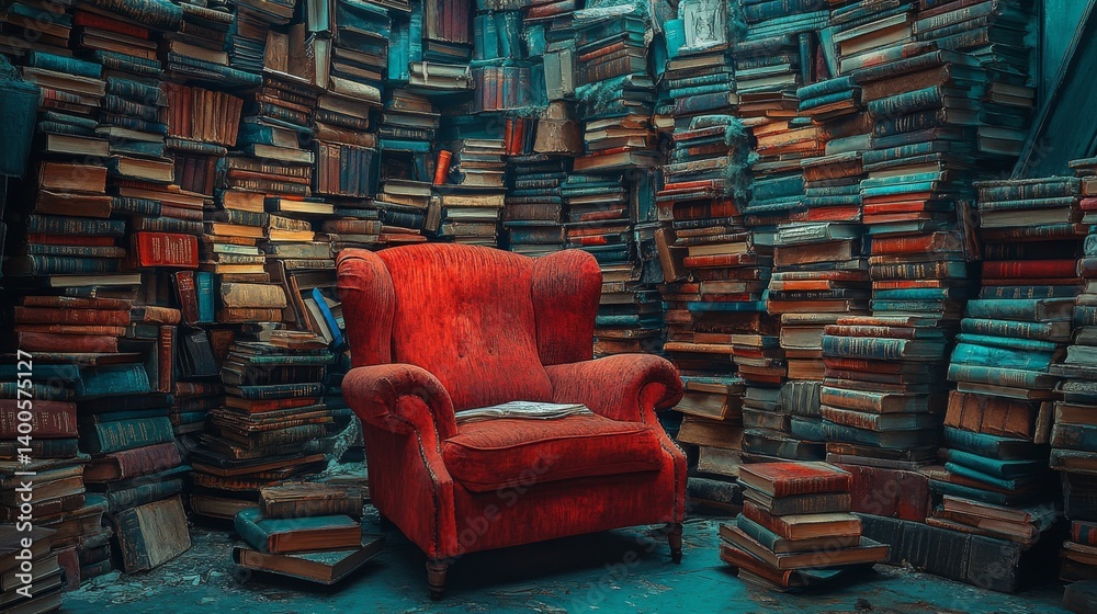 A cozy red armchair surrounded by a towering wall of books. This inviting space inspires readers and dreamers alike. Dive into knowledge and imagination. Generative AI