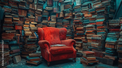 Obraz na płótnie A cozy red armchair surrounded by a towering wall of books. This inviting space inspires readers and dreamers alike. Dive into knowledge and imagination. Generative AI w salonie