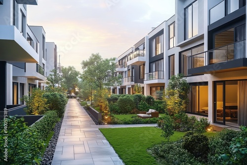 Contemporary Apartment Complex with Symmetrical Design and Green Outdoor Spaces