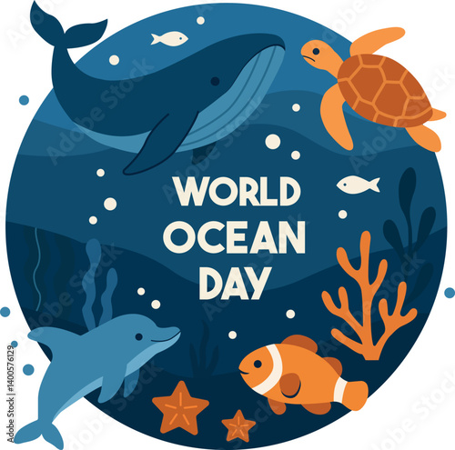 Vector illustration dedicated to World Ocean Day. In the center is the phrase World Ocean Day, surrounded by sea creatures: a whale, dolphin, turtle, clownfish, and small fish.
