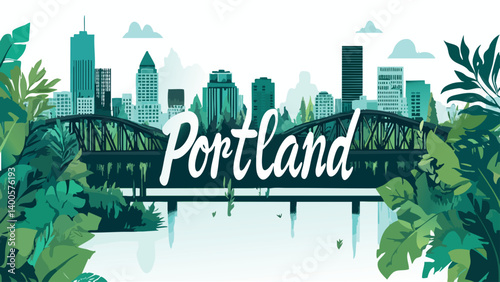 Portland Willamette River view with downtown as a vector illustration.eps