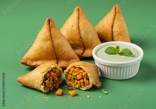 Crispy Golden Brown Samosas with Mint Chutney on Green Background