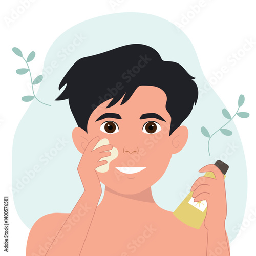 Young man using facial cream as part of skincare routine, a man applying moisturizer vector illustration