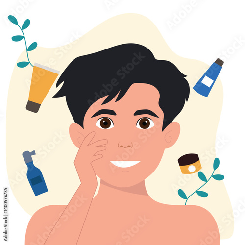 Young man using facial cream as part of skincare routine, a man applying moisturizer vector illustration