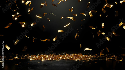 Golden confetti falling on dark floor; celebration background; event invitation design