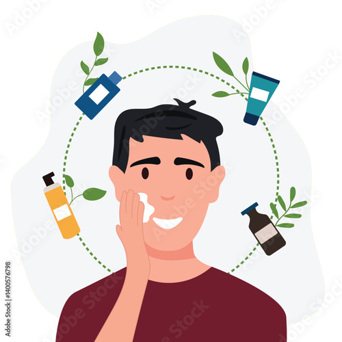 Young man using facial cream as part of skincare routine, a man applying moisturizer vector illustration
