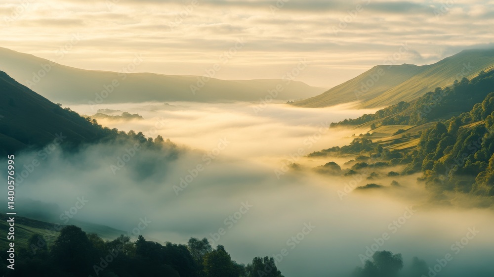 A mesmerizing landscape awaits in this serene valley. Fog gently blankets the hills, creating a magical atmosphere. Perfect for nature enthusiasts and travel lovers. Generative AI