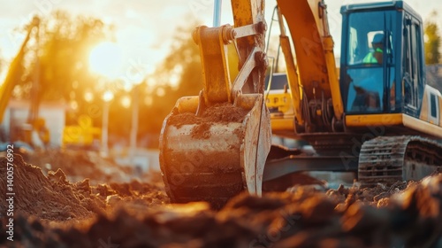 Construction worker operating an excavator to dig a foundation. Featuring heavy machinery and skill
