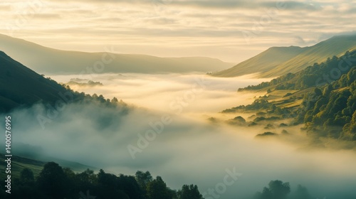 Obraz na płótnie A mesmerizing landscape awaits in this serene valley. Fog gently blankets the hills, creating a magical atmosphere. Perfect for nature enthusiasts and travel lovers. Generative AI w salonie