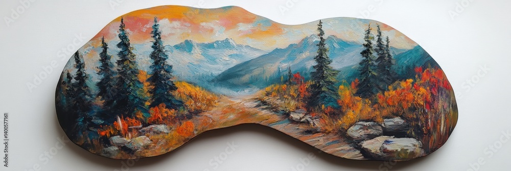 Obraz premium Creative art palette shaped like a hill with pines and sky tones showcasing a nature-inspired painting in vibrant colors