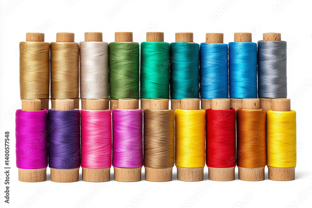 Colorful array of sewing thread spools displayed on a white background for creative textile projects Colorful array of sewing thread spools displayed on a white background for creative textile projects