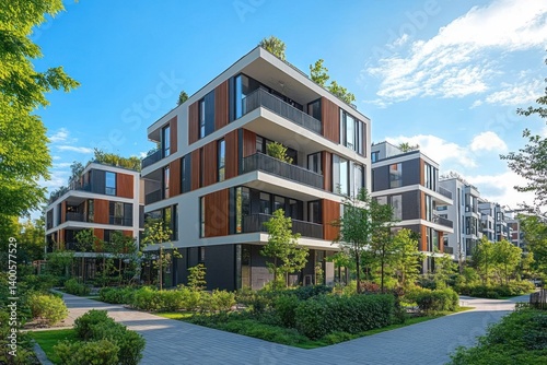 Modern Apartment Buildings in Lush Green Landscape with Clear Blue Sky