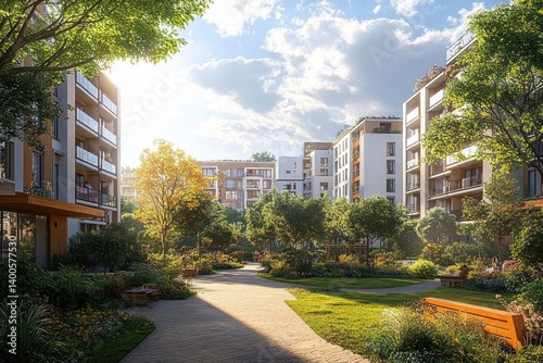 Modern Residential Complex with Green Urban Landscape and Contemporary Architecture