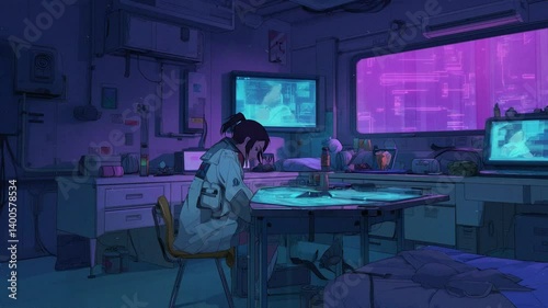 A futuristic girl studies vibrant neon lights. room glowing signs digital interfaces, aesthetics of cyberpunk and retro wave art styles Lo-fi song wallpaper, 4k landscape music animation video