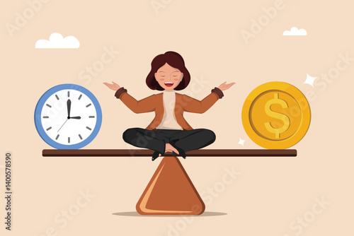 Concept Illustration of Work-Life Balance with Clock and Dollar Coin on a Scale.