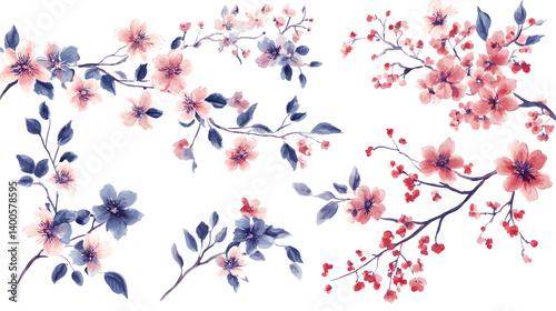 A delicate arrangement of watercolor floral branches showcasing pink and purple hues against a white background.
