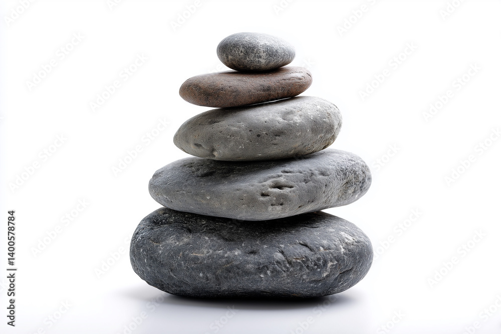 Balanced stones stacked in a harmonious arrangement on a white background Balanced stones stacked in a harmonious arrangement on a white background