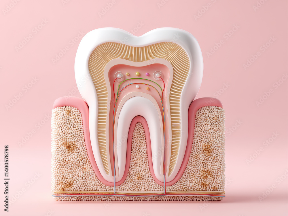 detailed 3D cross section of human molar tooth, showcasing enamel, dentin, pulp, and surrounding gum tissue, emphasizes dental health detailed 3D cross section of human molar tooth, showcasing enamel, dentin, pulp, and surrounding gum tissue, emphasizes dental health