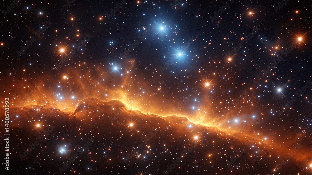 Obraz premium Celestial vista featuring a vivid nebula and a constellation of luminous stars
