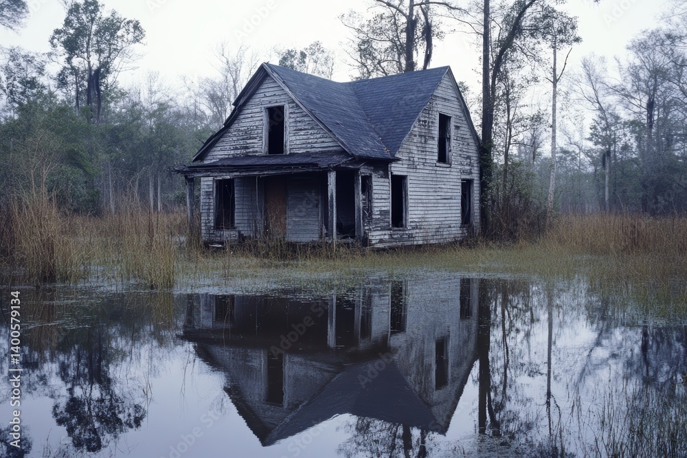 Fototapeta premium Abandoned house in flooded marsh (1)