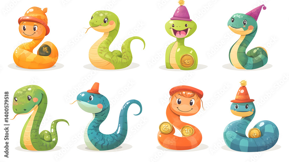 Obraz premium A colorful collection of cartoon snakes adorned with festive hats, showcasing various expressions and playful personalities.