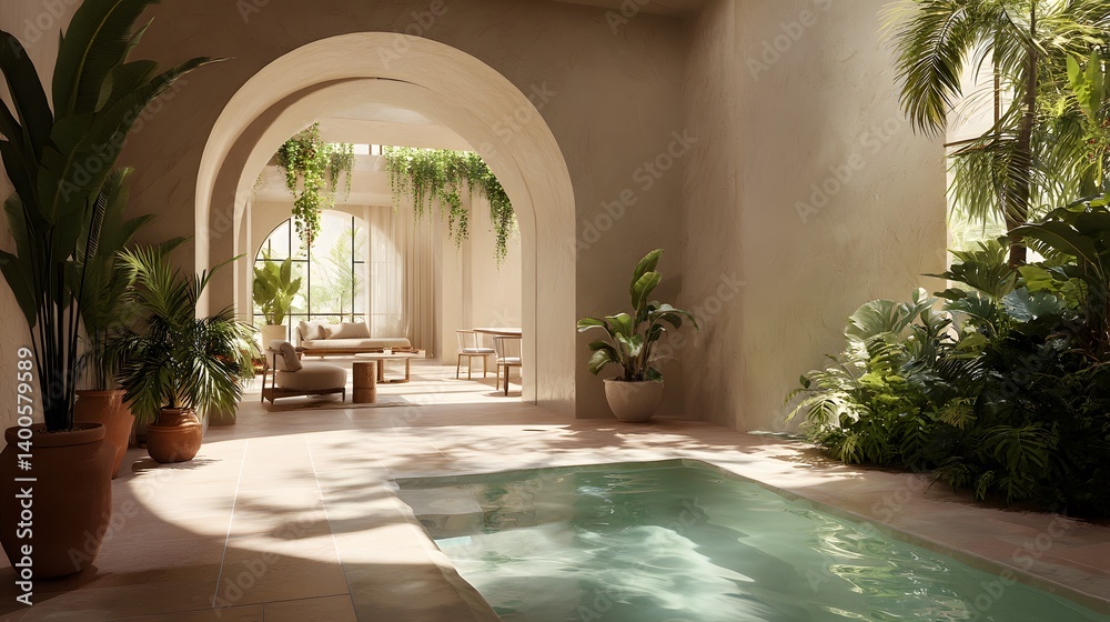 Fototapeta premium The serene villa courtyard features a hot spring pool, beige archway, minimalist living space, tropical plants, and natural daylight, creating a peaceful biophilic atmosphere. 