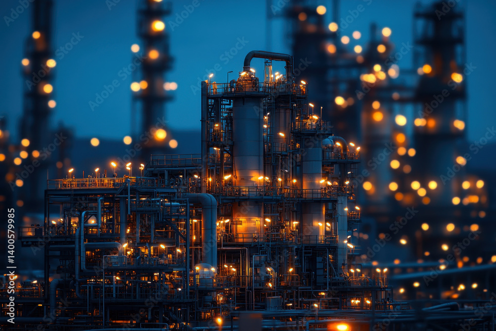 Large refinery at night with bright lights illuminating the site, creating a striking industrial landscape. Large refinery at night with bright lights illuminating the site, creating a striking industrial landscape.