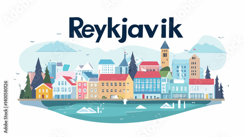 Reykjavi?k colorful cityscape with mountains as a vector illustration.eps