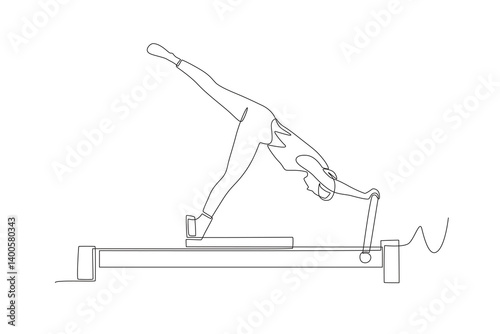 Woman doing pilates using pilates reformer. Pilates concept one-line drawing