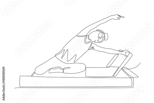 Woman doing pilates using pilates reformer. Pilates concept one-line drawing