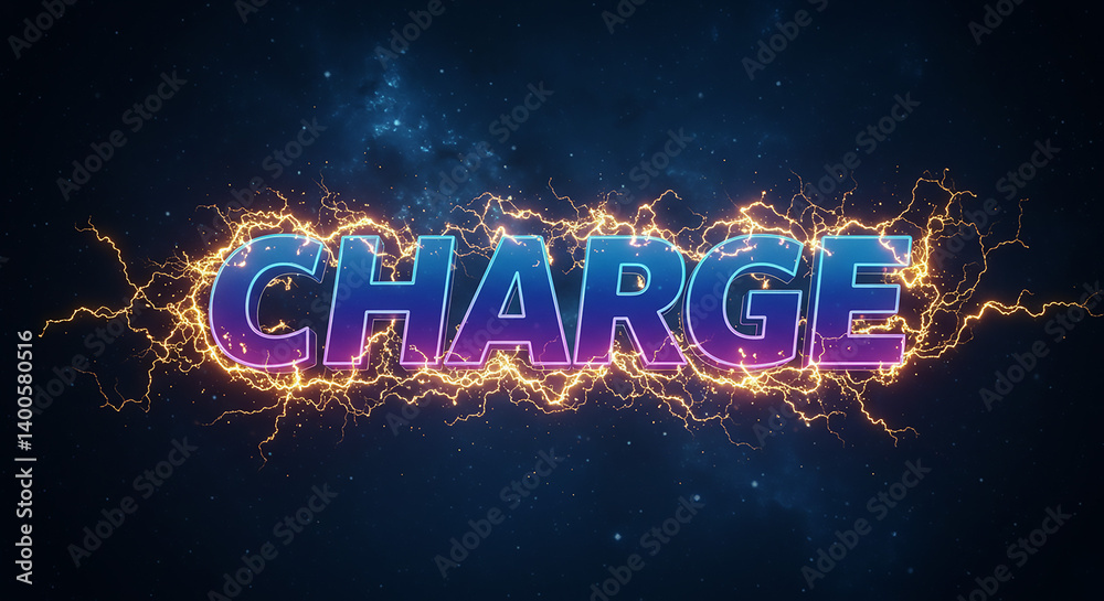The word charge surrounded by lightning with a dark blue and purple background with stars