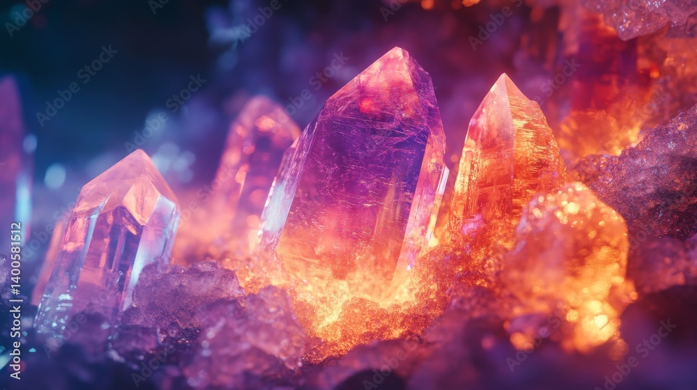 Vibrant crystals radiate light in a mystical environment. These stunning gems showcase intricate formations and a mesmerizing glow. A captivating visual experience. Generative AI