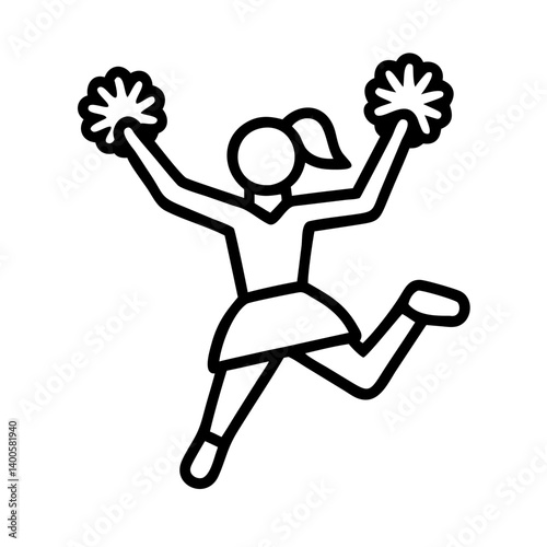 Cheerleader clip art vector image of a cheerleader with pom poms in black and white outline style