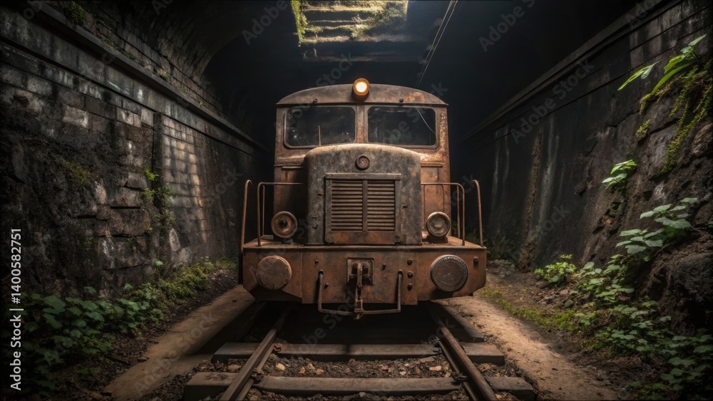 Fototapeta premium Abandoned Coal Locomotive in a Dark Mining Tunnel