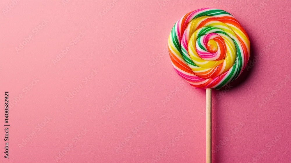 A colorful lollipop is on a pink background A colorful lollipop is on a pink background
