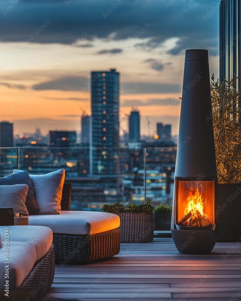 A stylish rooftop lounge with modern furniture and a cozy fireplace. The city skyline glows softly at dusk. Relax and unwind in this inviting atmosphere. Generative AI