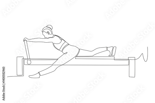 Woman doing pilates using pilates reformer. Pilates concept one-line drawing