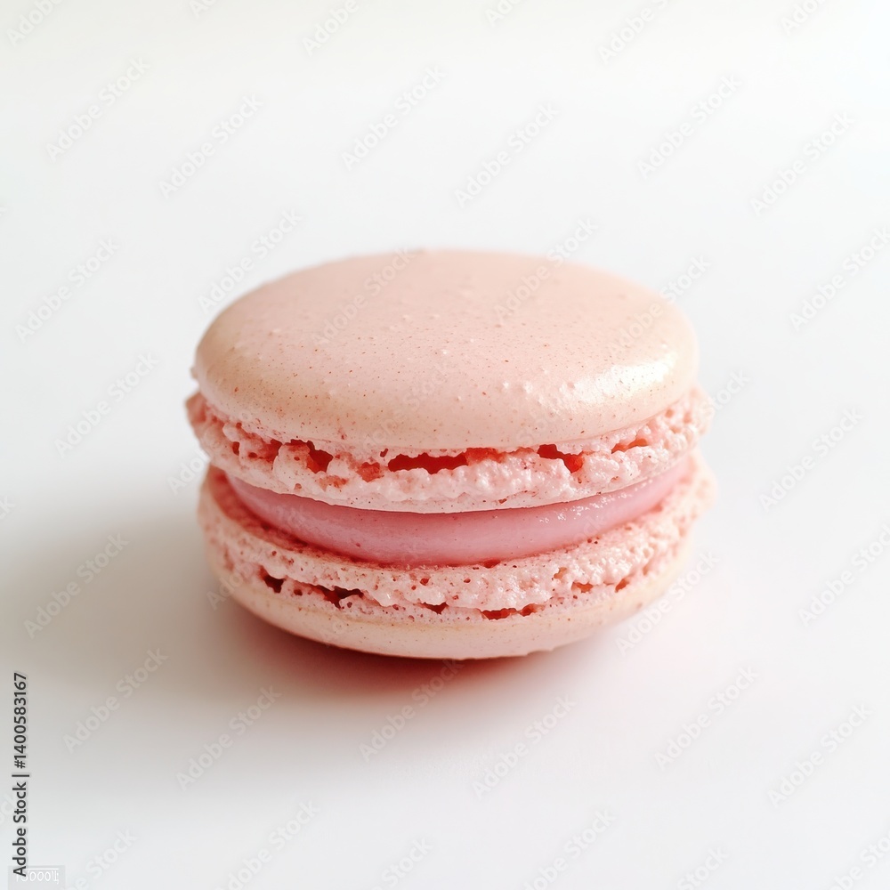 A single pink macaron dessert on a white surface close up view A single pink macaron dessert on a white surface close up view