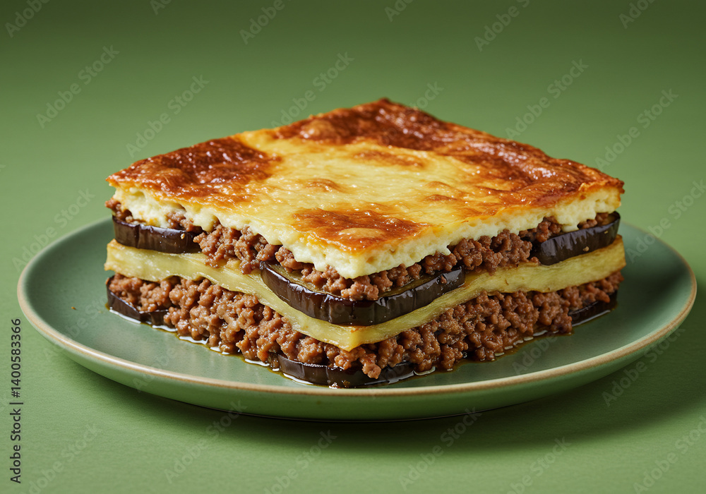 Golden Brown Moussaka Greek Cuisine on Green Plate Golden Brown Moussaka Greek Cuisine on Green Plate