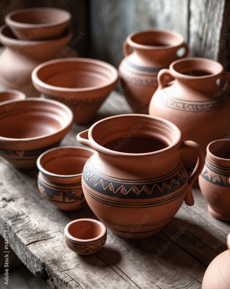 Close-Up of Traditional Handcrafted Mexican Clay Pottery on Rustic Surface Close-Up of Traditional Handcrafted Mexican Clay Pottery on Rustic Surface
