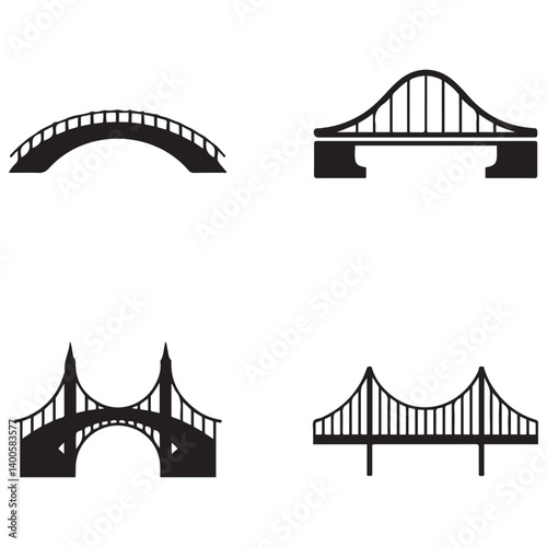 Set of different bridges. Isolated on white background. and white. Vector Black silhouettes. illustration.