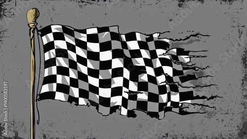 Tattered checkered flag graphic illustration on a grunge textured background.