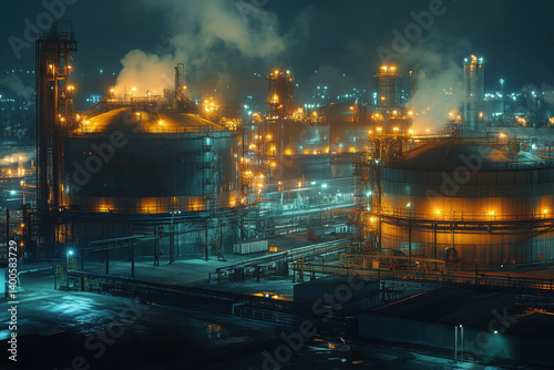 Large factory billowing smoke, industrial landscape.