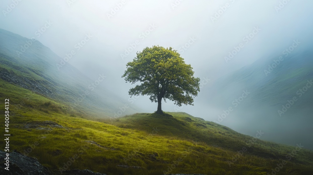 A solitary tree stands in a misty landscape. The fog envelops the scene creating an ethereal atmosphere. Nature is both tranquil and majestic. Generative AI